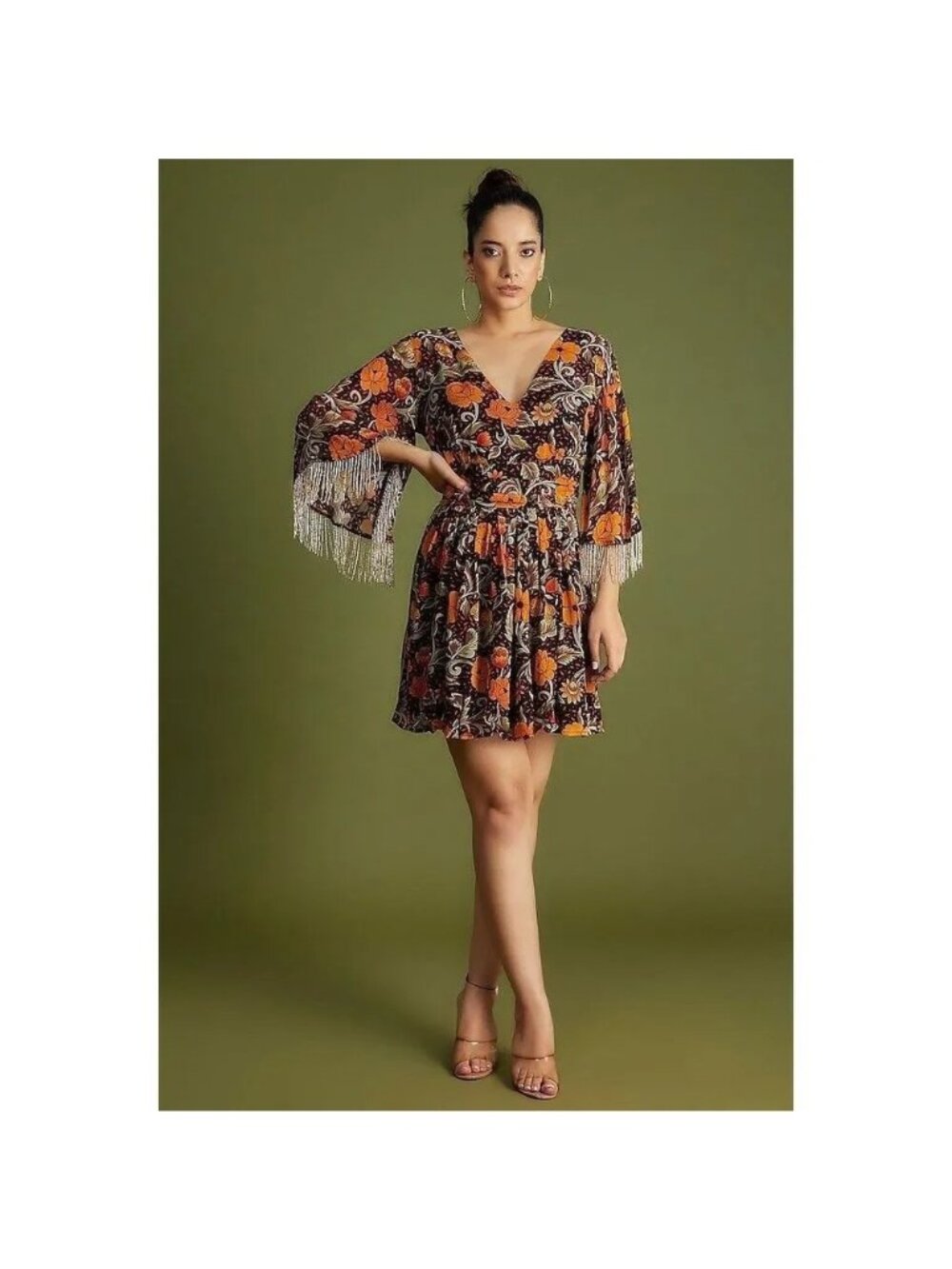 Verb by Pallavi Singhee Floral Beaded Fringe Tie Back Mini Dress Womens Small